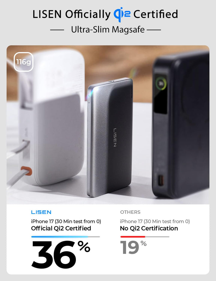 Ultra-Slim 5000mAh Magnetic Power Bank — Qi2 Certified (MagSafe)